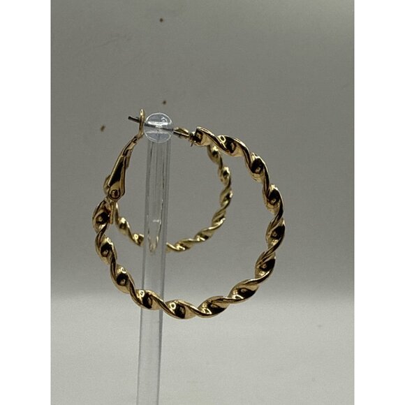 Twisted Gold Tone Hoop Earrings With Latch Back Closure Lightweight Elegant - Picture 3 of 5